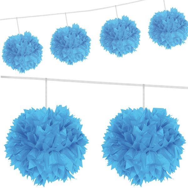 Girlande Papier mit 4 Pompoms, 3 m, blau