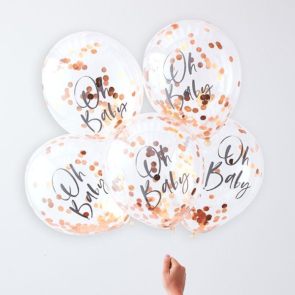 5 Konfetti-Ballons, roségold, Oh Baby, Ø 30cm