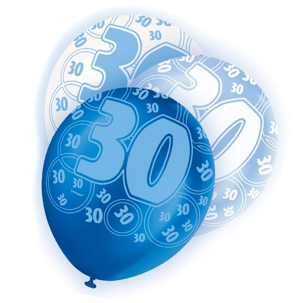 Latexballons Zahl 30, Blautöne ,6er,30cm