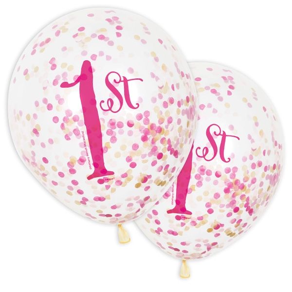 Latexballons mit Konfetti, "1st" in pink, 6 Stk, transparent