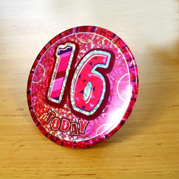 Button rund Zahl 16 glitzernd,15cm,pink