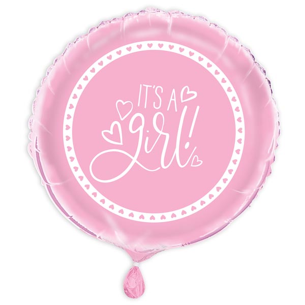 Folienballon "It's a Girl", rosa mit Herzchenmotiv zur Babyparty, Ø 35cm