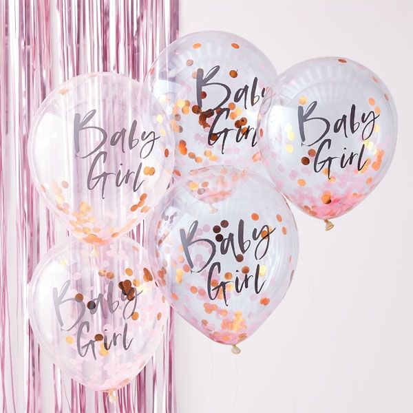 5 Konfetti-Ballons, rosa und gold, Baby Girl, Ø 30cm