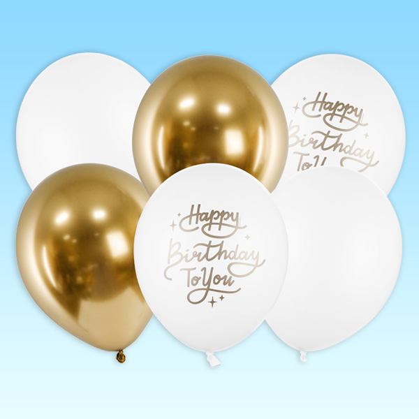 Latexballons, Happy Birthday, weiß-gold, 6er, Ø 30cm