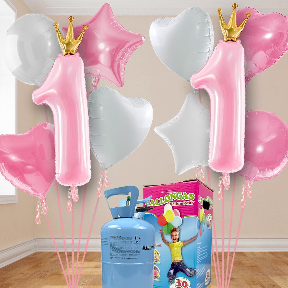 1. Geburtstag Heliumballon Set rosa-weiß mit 10 Folienballons inkl. Heliumgas
