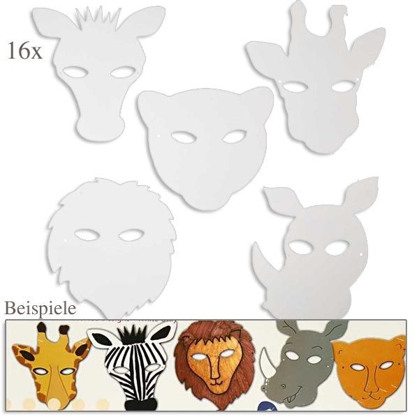 Tier-Masken in weiß, 16er Pack, zum Bemalen, mit Gummibändern, 25cm bis 22,5cm