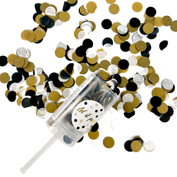 Push Pop Konfettishooter mit Papierkonfetti in weiß-schwarz-gold, 16,5cm x 5cm