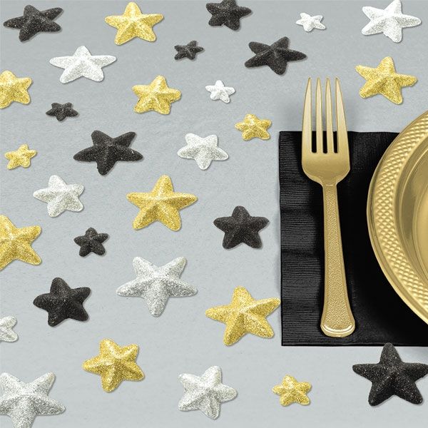 Glitzer-Tischdekorationen, 32 Sterne, schwarz, silber gold
