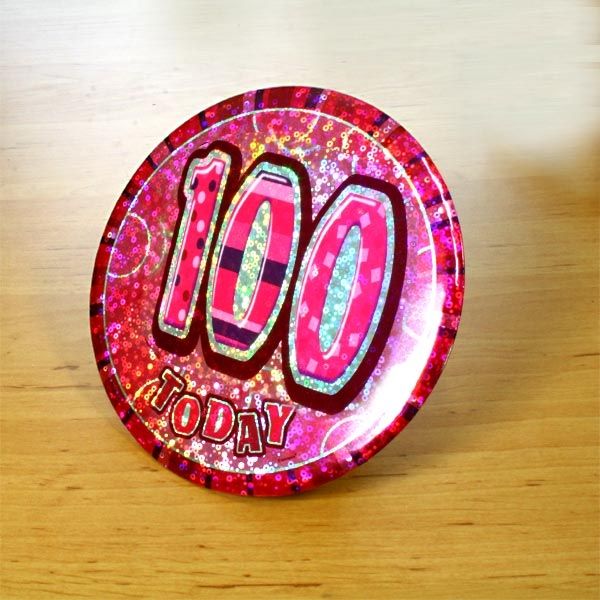 Button rund Zahl 100 glitzernd,15cm,pink