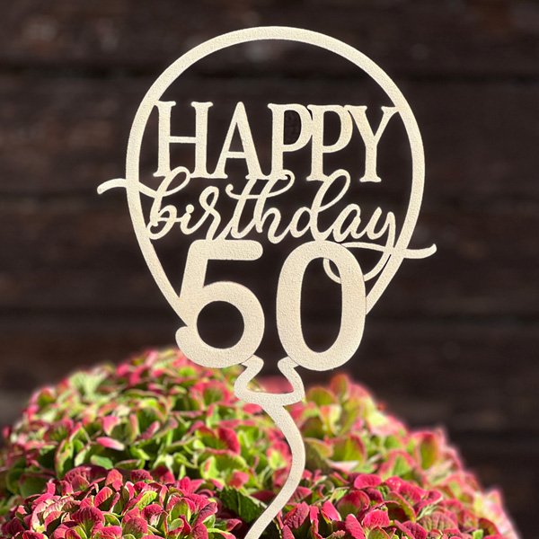 50. Geburtstag Cake Topper, Tortendeko, Blumentopper aus Holz & Fuß