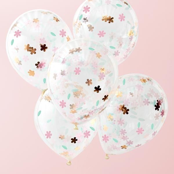5 Konfetti-Ballons, Blumen, rosegold & pink, Ø 30cm