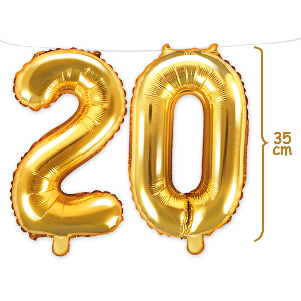 20. Geburtstag, Zahlenballon Set 2 & 0 in gold, 35cm hoch