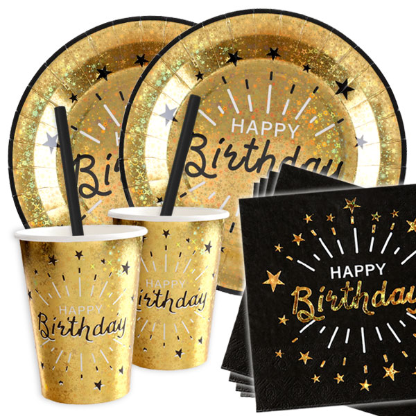Basicset "Happy Birthday" in schwarz-gold glitzernd, 42-teilig für 10 Gäste
