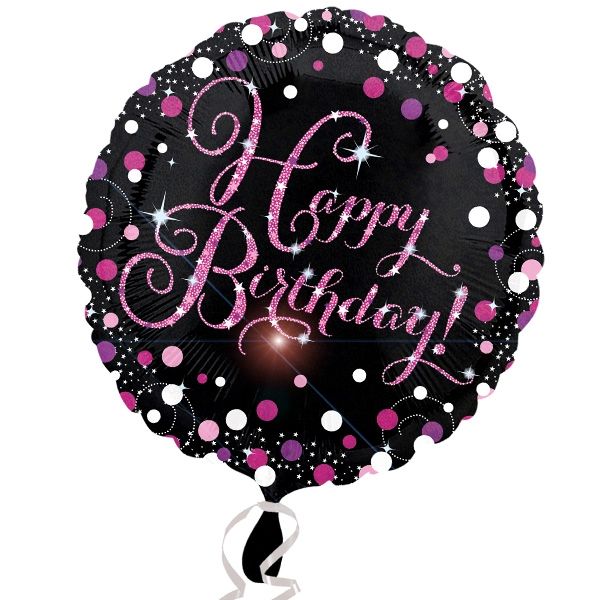 Folieballon rund, Happy Birthday Pink, 1 Stk, 35cm