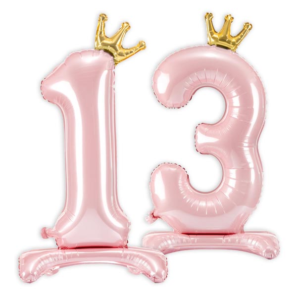 Stehende Ballons, Zahl 13 mit Krönchen, rosa, 84cm hoch