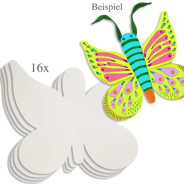 Klapp-Schmetterlinge in weiß, 16er Pack, zum Bemalen und Gestalten, 23cm x 25cm