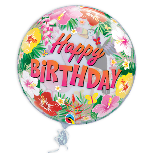 Bubble Ballon, Happy Birthday, tropisch, 56cm, heliumgeeignet