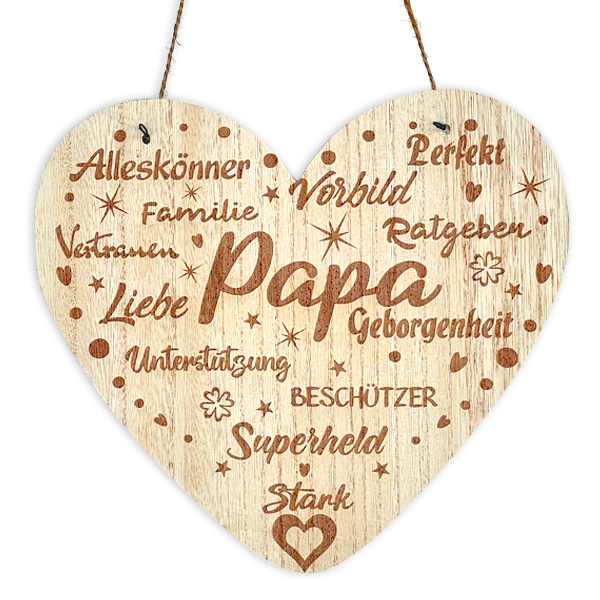 Laser graviertes Holz Herz "Papa" mit lieben Worten und Kordelhänger