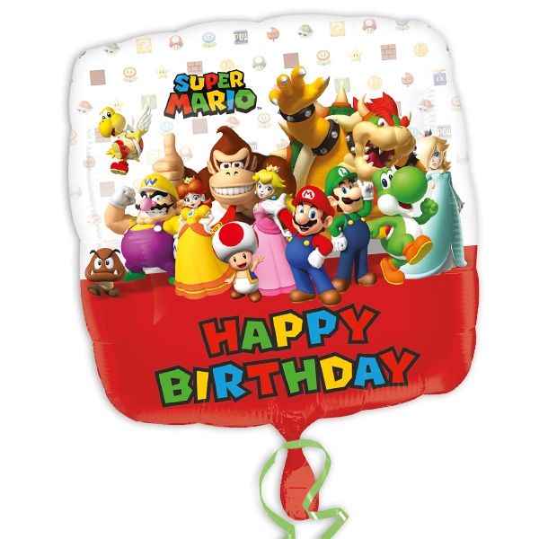Super Mario Folienballon "Happy Birthday", quadratisch, 32cm
