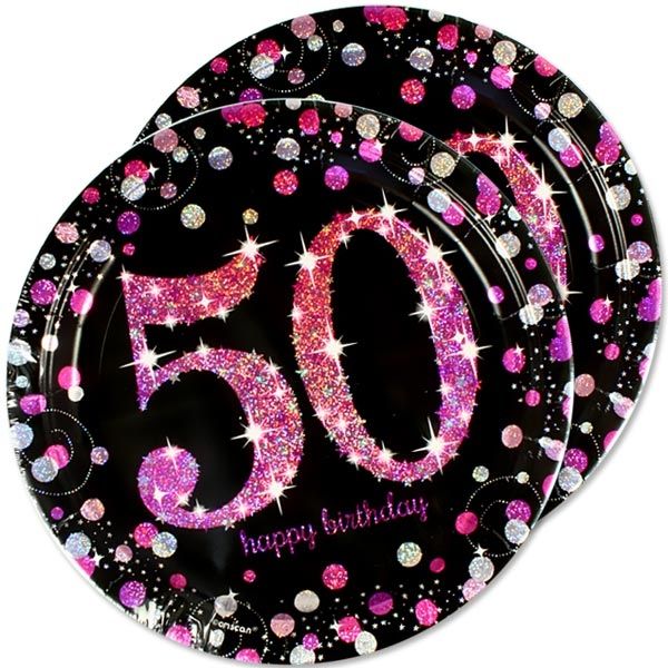 Teller rund 50. Geburtstag glitzernd pink, 8er,Pappe,23cm