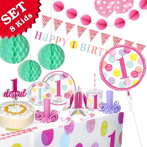 Mottoset XXL Pink Dots 1. Geburtstag Mädchen, 8 Kids, 76tlg