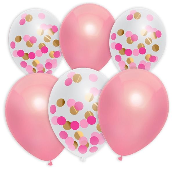 6 Latexballons, Rosa Metallic & Konfetti, Ø 30cm