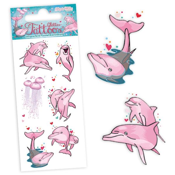 Glitter-Tattoos Rosa Delfine, 1 Karte, 12cm x 5,7cm