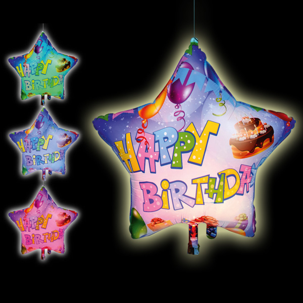 Folieballon Happy Birthday Stern, Gigaloon LED Farbwechsel 65 cm