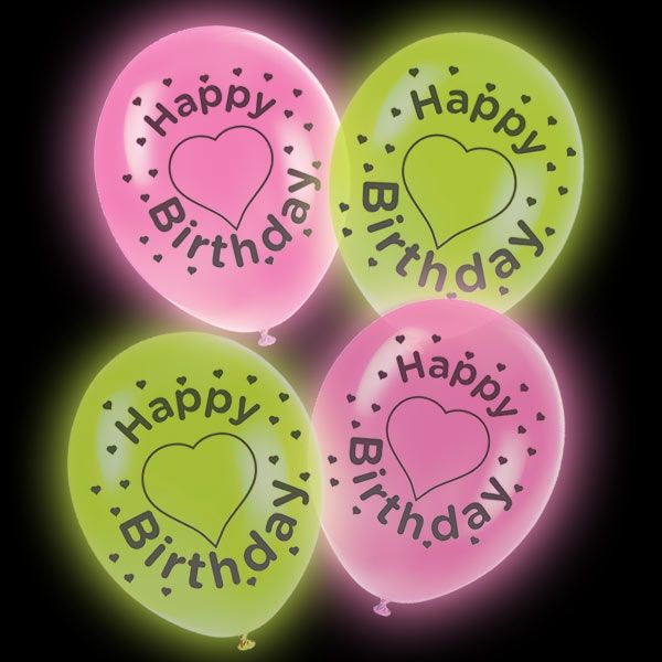 Latexballons LED, Happy Birthday, pink, grün, 4er Pck, 27,5cm