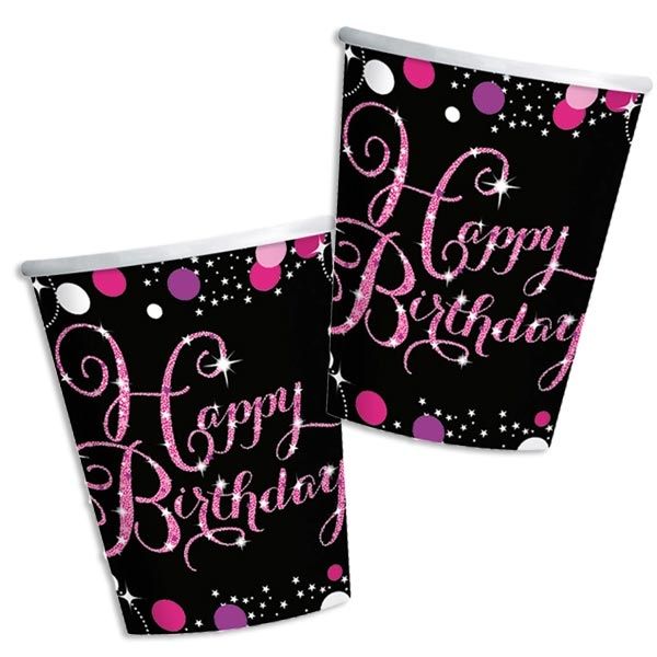 Pappbecher, Happy Birthday schwarz-pink, ca. 266ml, 8er Pack