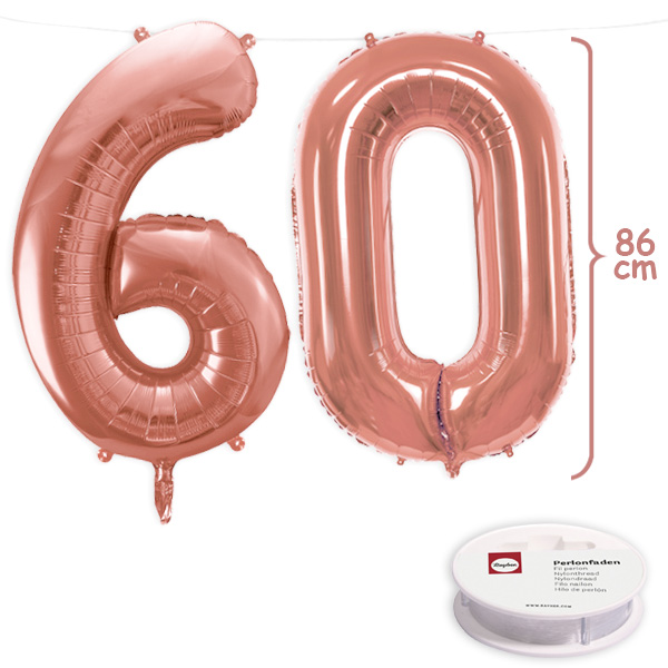 60. Geburtstag, XXL Zahlenballon Set 6 & 0 in roségold, 86cm hoch