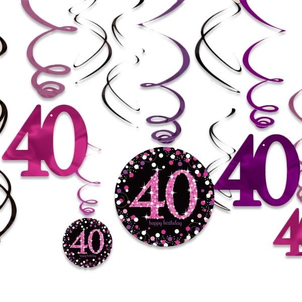 Spiralen 40. Geburtstag pink-schwarz 12er, 60cm