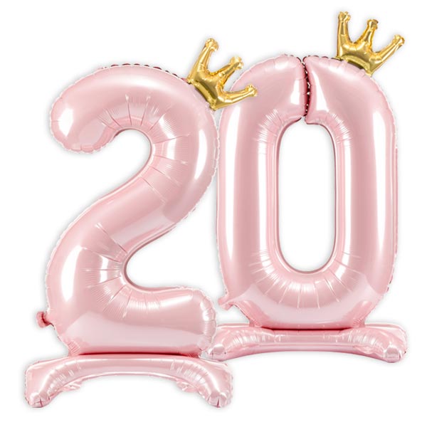 Stehende Ballons, Zahl 20 mit Krönchen, rosa, 84cm hoch
