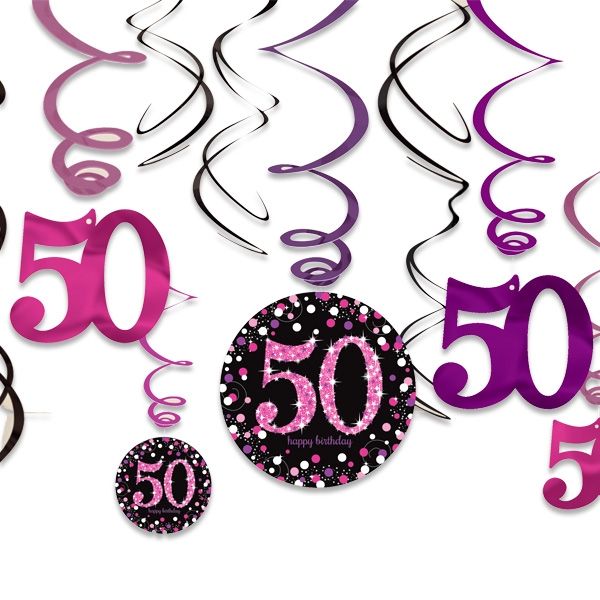 Spiralen 50. Geburtstag pink-schwarz 12er, 60cm