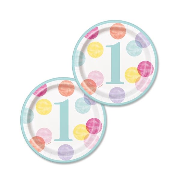 Teller rund Pink Dots, 1. Geburtstag 8er,Pappe,17,5cm