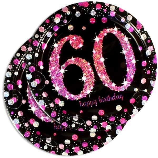 Teller rund 60. Geburtstag glitzernd pink, 8er,Pappe,23cm