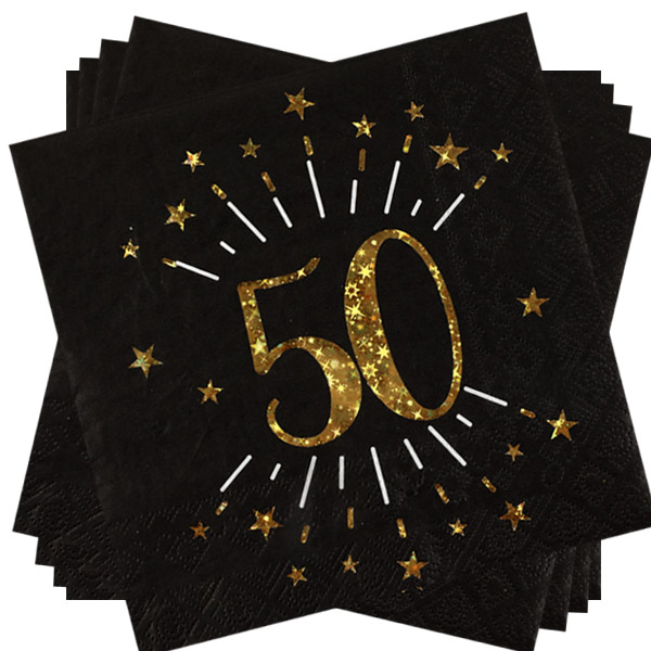 Servietten "Zahl 50" in Schwarz mit goldener Schrift, 10er Pack, 33cm