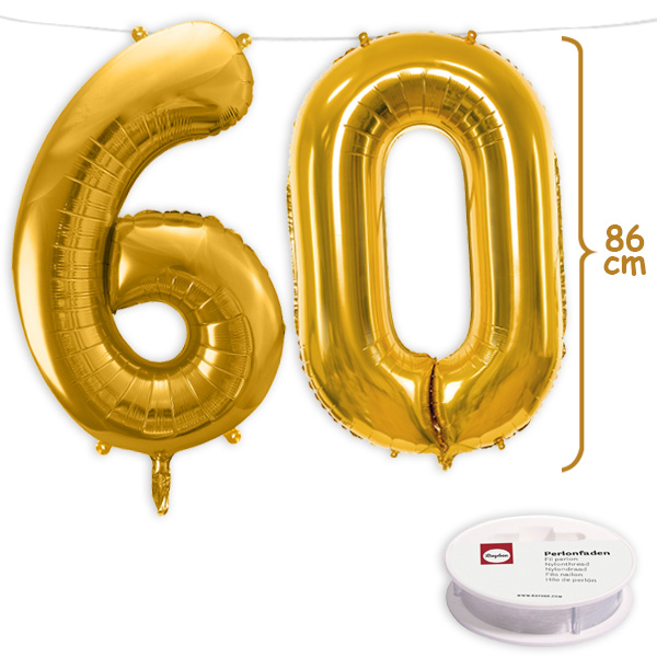 60. Geburtstag, XXL Zahlenballon Set 6 & 0 in gold, 86cm hoch