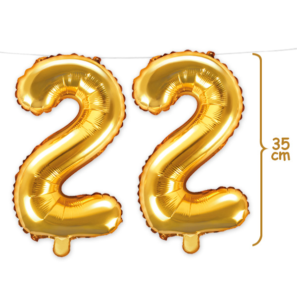 22. Geburtstag, Zahlenballon Set 2 x 2 in gold, 35cm hoch