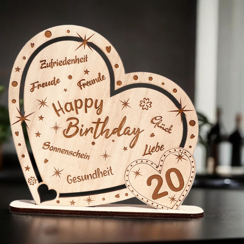Kunstvoll graviertes Holz-Herz "Happy Birthday" mit Zahl 20, Geschenk & Deko zum Geburtstag