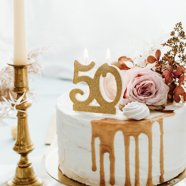 Tortenkerze zum 50. Geburtstag, golden glitzernd, 7,5cm x 8cm