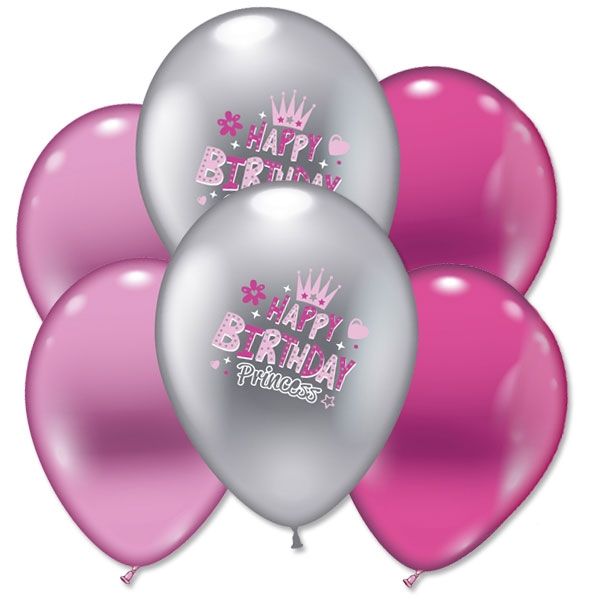 Ballons,Happy Birthday Princess,6er, Ø 30cm pink, silber