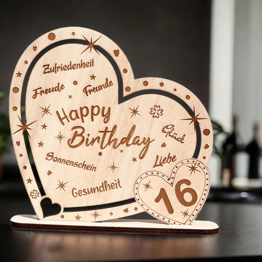 Kunstvoll graviertes Holz-Herz "Happy Birthday" mit Zahl 16, Geschenk & Deko zum Geburtstag